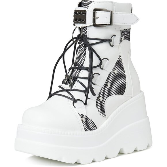 ⚡Women1-white Synthetic Chunky High Heel Combat Lace Up Motorcycle Wedges Boots - Picture 1 of 8